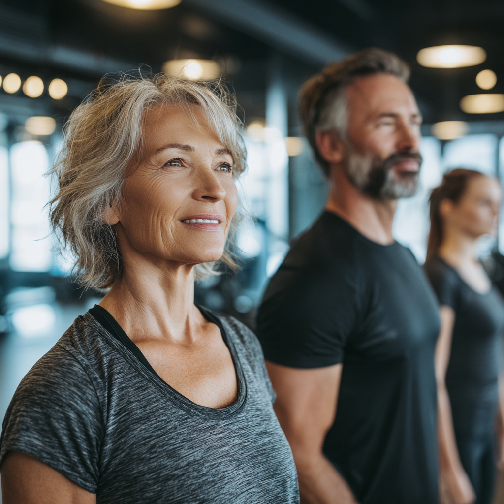 Middle-aged woman and man exercising with professional trainer in modern fitness studio